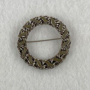 H.S.B. Sterling Silver Brooch, Flat Link Round Circle Pin Minimalist Vintage